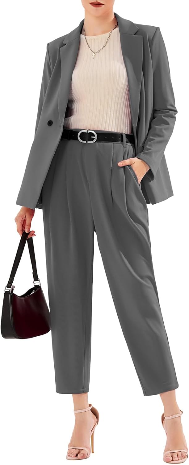Women Business Blazer and High Elastic Waist Pant Suit Set Loose Fit Casual Fall Winter 2 Piece Suits for Work