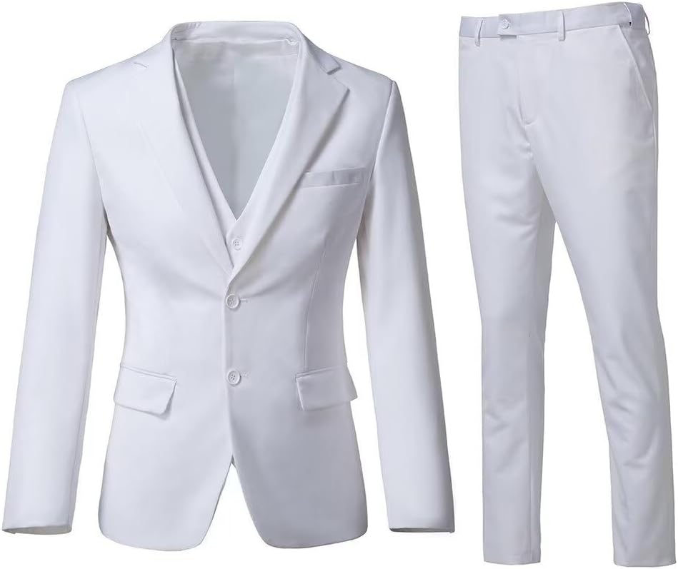 Men's 3 Piece Slim Fit Suit Set, Two Button Blazer Solid Jacket Vest Pants Wedding Business Suit