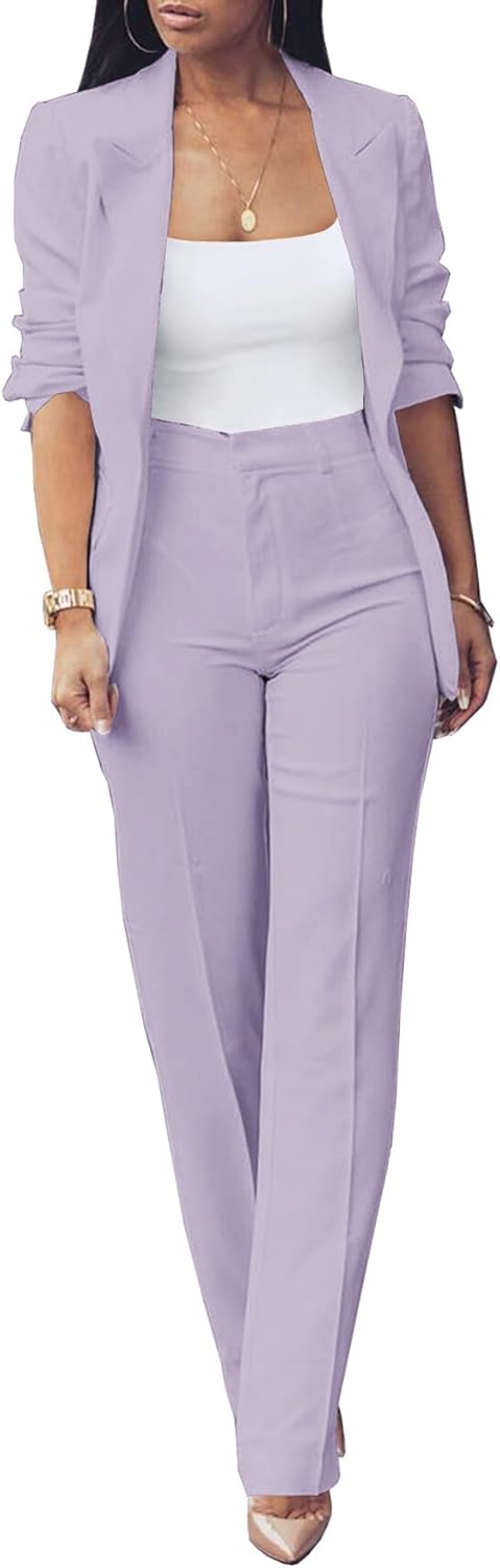 Women Fall Fashion 2 Piece Blazer Sets Open Front Blazers and Slim Fit Pants Suits Set