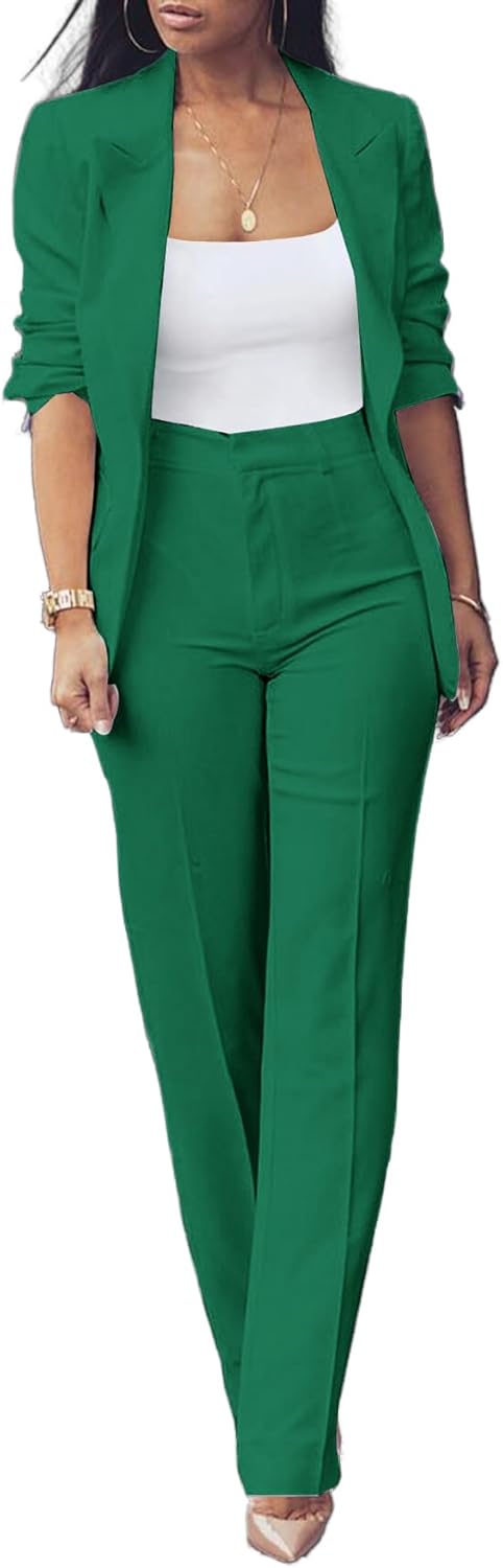 Women Fall Fashion 2 Piece Blazer Sets Open Front Blazers and Slim Fit Pants Suits Set