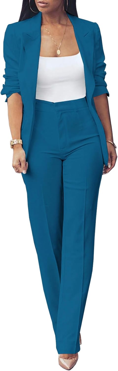 Women Fall Fashion 2 Piece Blazer Sets Open Front Blazers and Slim Fit Pants Suits Set