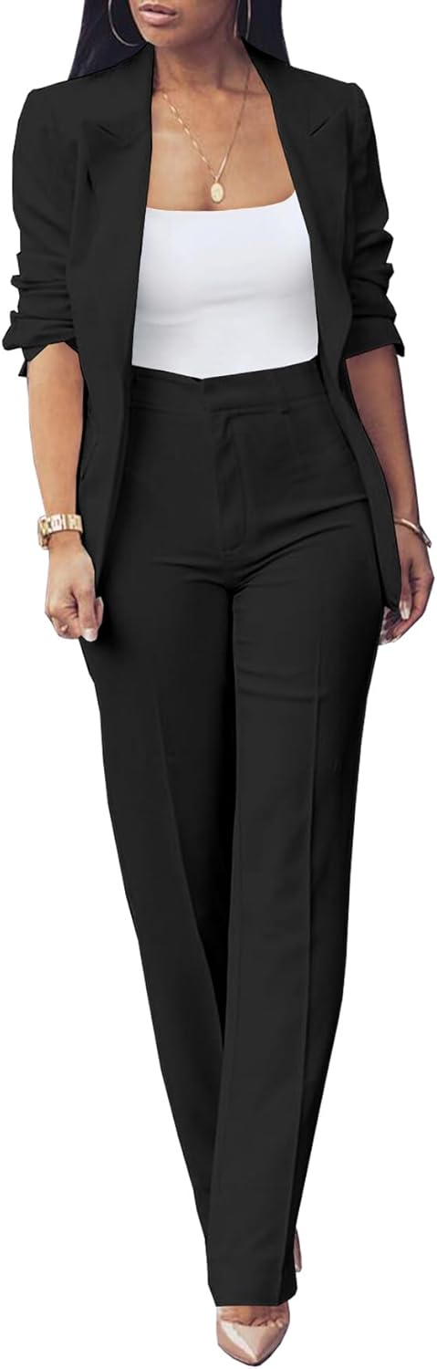 Women Fall Fashion 2 Piece Blazer Sets Open Front Blazers and Slim Fit Pants Suits Set