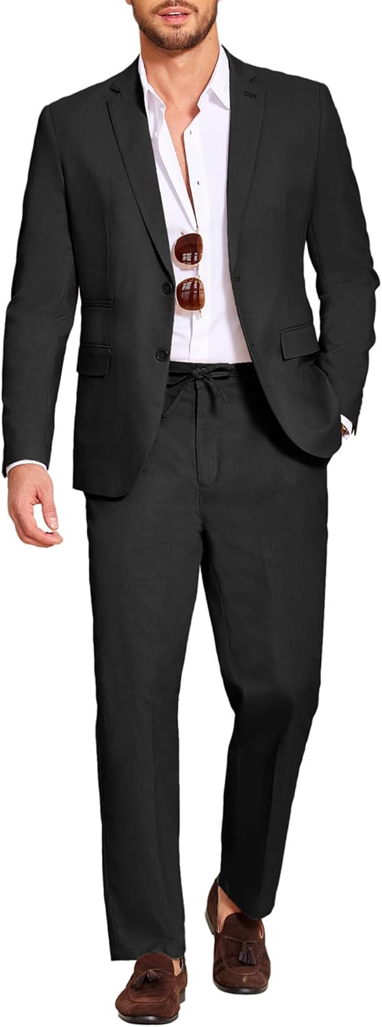 Men's 2 Piece Linen Suits Set Regular Fit Casual Lightweight Blazer Jacket and Pants
