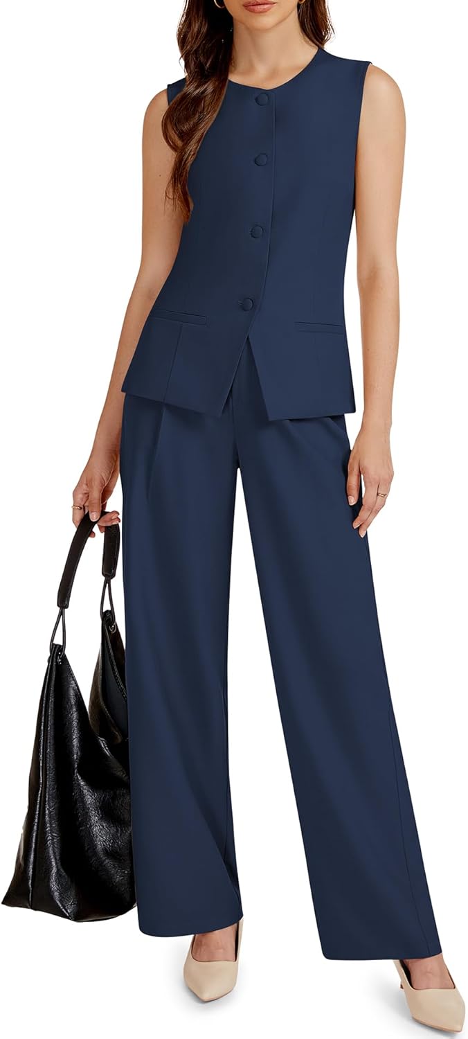 Women 2 Piece Blazer Outfits Sleeveless Crewneck Vest Wide Leg Pantsuit 2025 Dressy Casual Work Sets