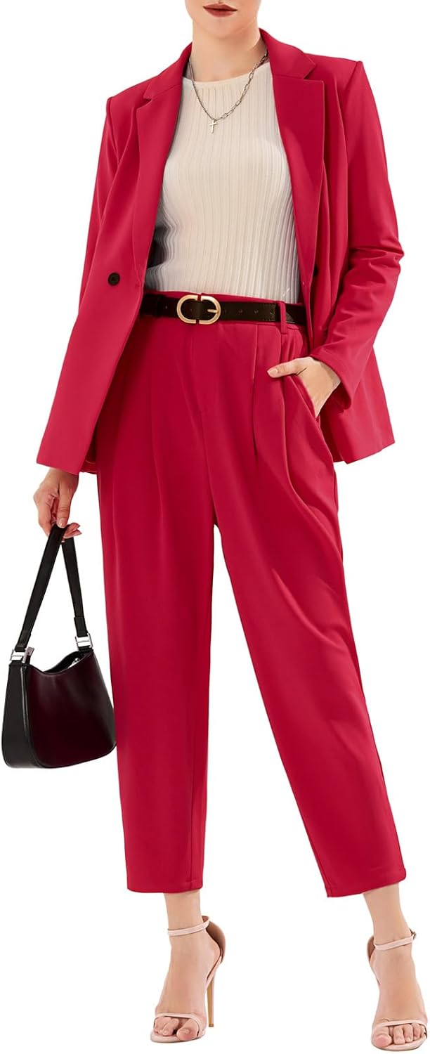 Women Business Blazer and High Elastic Waist Pant Suit Set Loose Fit Casual Fall Winter 2 Piece Suits for Work