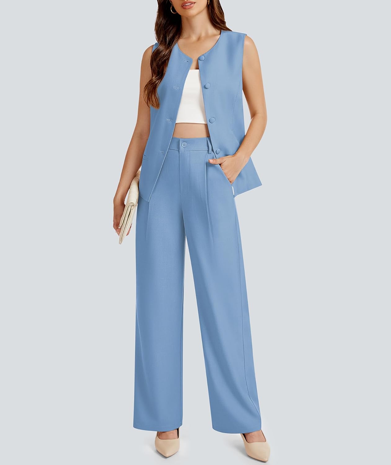 Women 2 Piece Blazer Outfits Sleeveless Crewneck Vest Wide Leg Pantsuit 2025 Dressy Casual Work Sets - Image 2