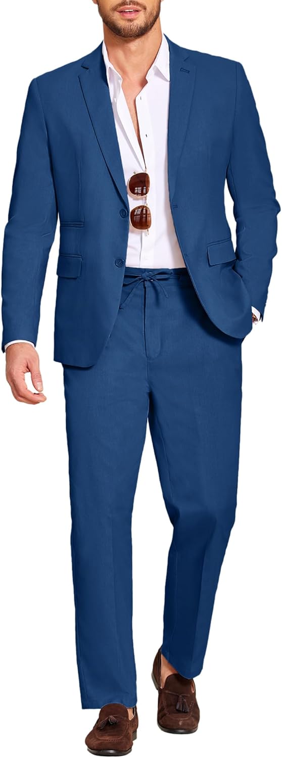 Men's 2 Piece Linen Suits Set Regular Fit Casual Lightweight Blazer Jacket and Pants