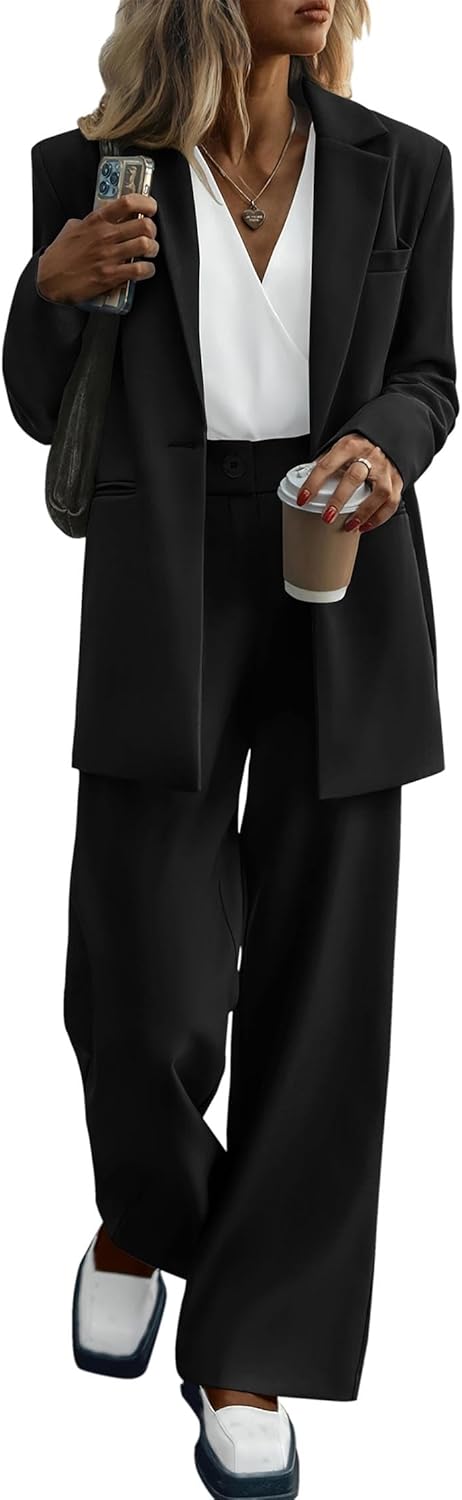 Women Spring Fall 2 Piece Blazer Set Casual Loose Long Blazer Jacets and Dressy Wide Leg Pant Suits Pocets