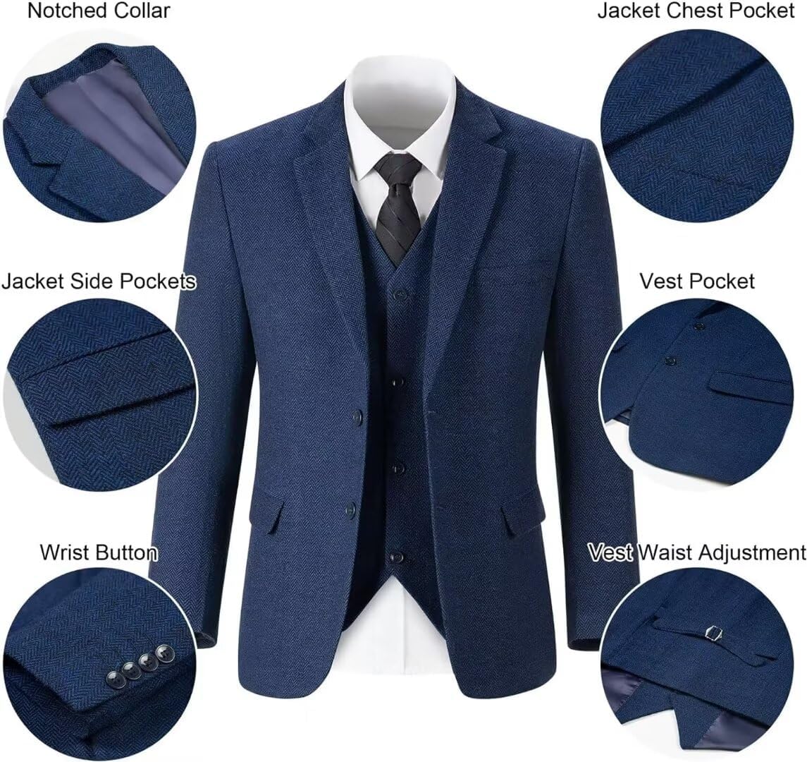 Retro 3 Piece Herringbone Tweed Suit Men's Wool Tuxedos Set Prom Brown Jacket Blazer Vest Pants Themed Wedding - Image 2
