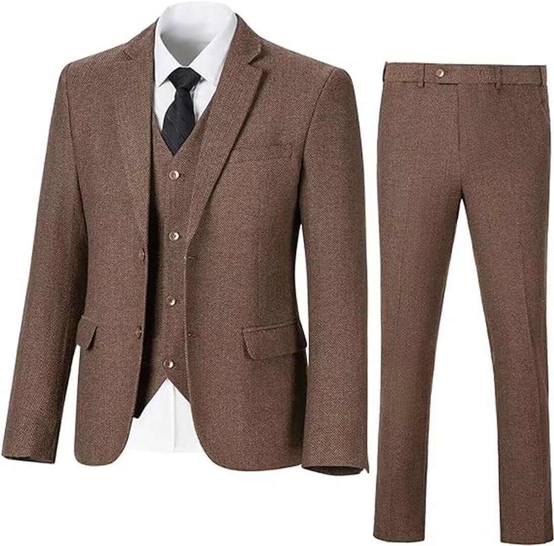 Retro 3 Piece Herringbone Tweed Suit Men's Wool Tuxedos Set Prom Brown Jacket Blazer Vest Pants Themed Wedding
