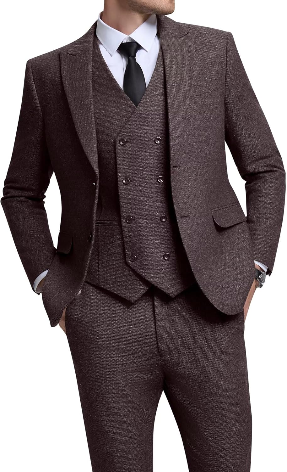 Vintage Tweed Herringbone Suits for Men 2 Button Slim Fit 3 Piece Formal Wool Suit Jacket Vest Pants Men Prom Dress Tuxedo