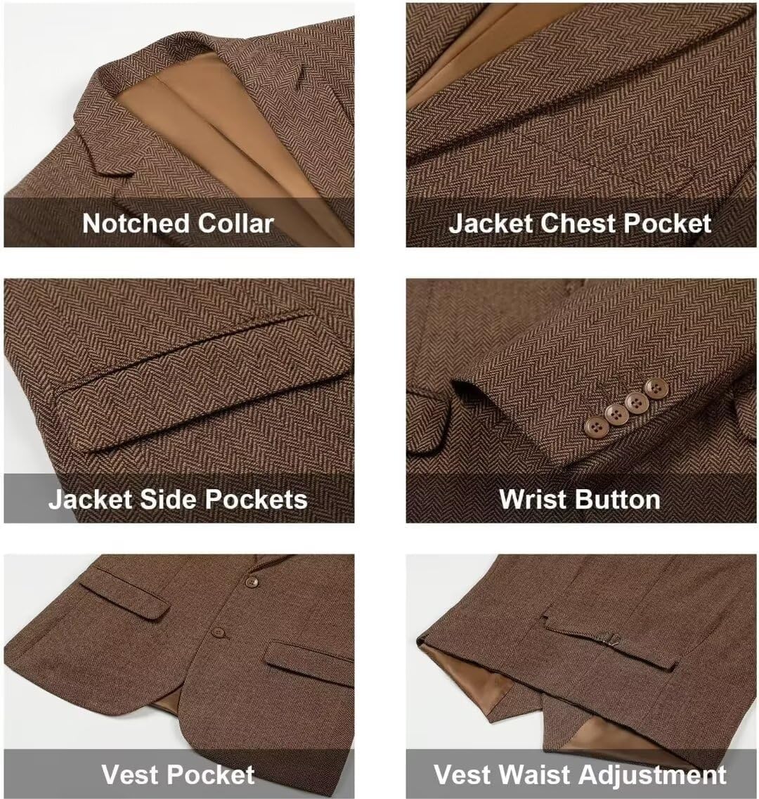 Retro 3 Piece Herringbone Tweed Suit Men's Wool Tuxedos Set Prom Brown Jacket Blazer Vest Pants Themed Wedding - Image 2